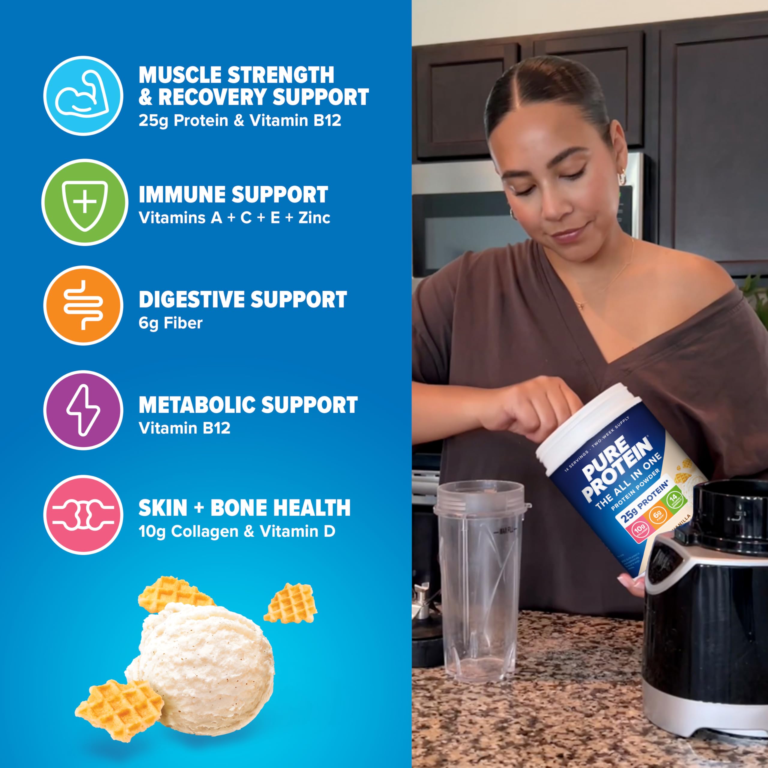 Pure Protein All-In-One Vanilla nutrition label shows essential vitamins and minerals