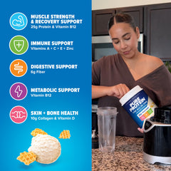 Pure Protein All-In-One Vanilla nutrition label shows essential vitamins and minerals