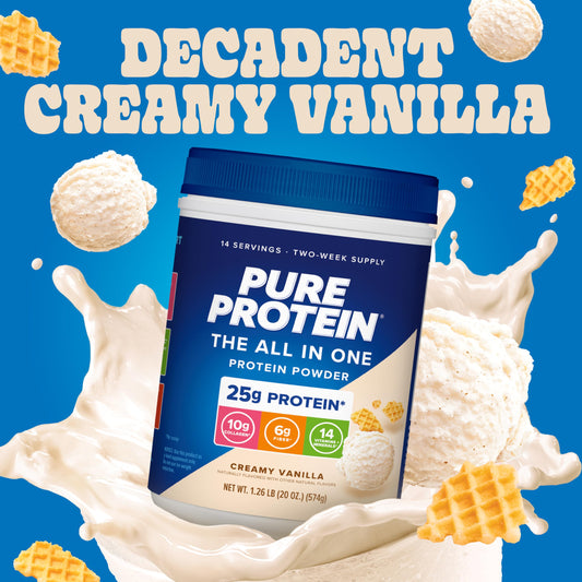 Pure Protein All-In-One Vanilla powder ready to blend into beverages