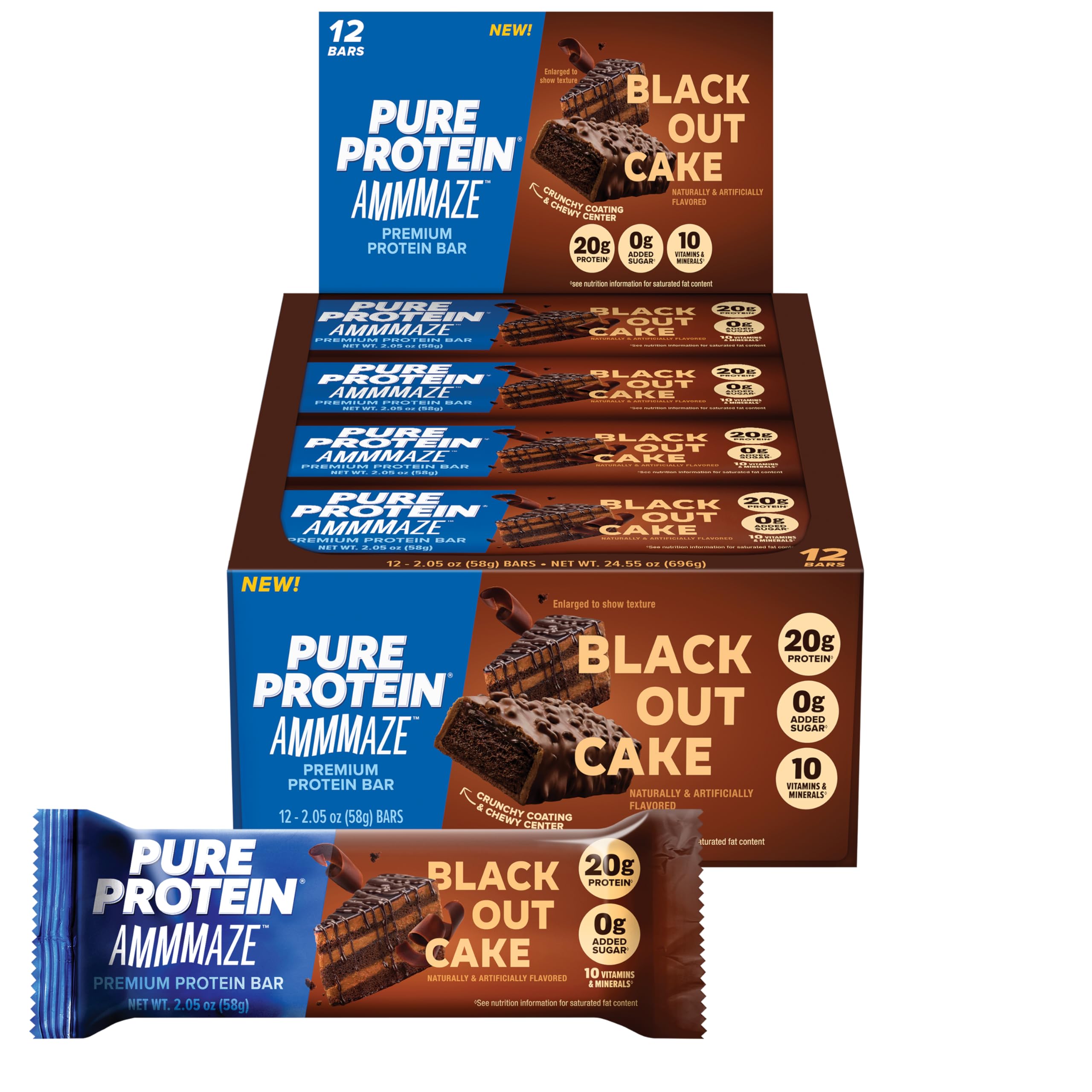 Pure Protein AMMMAZE Blackout Cake Bar packaging for on-the-go snacking.