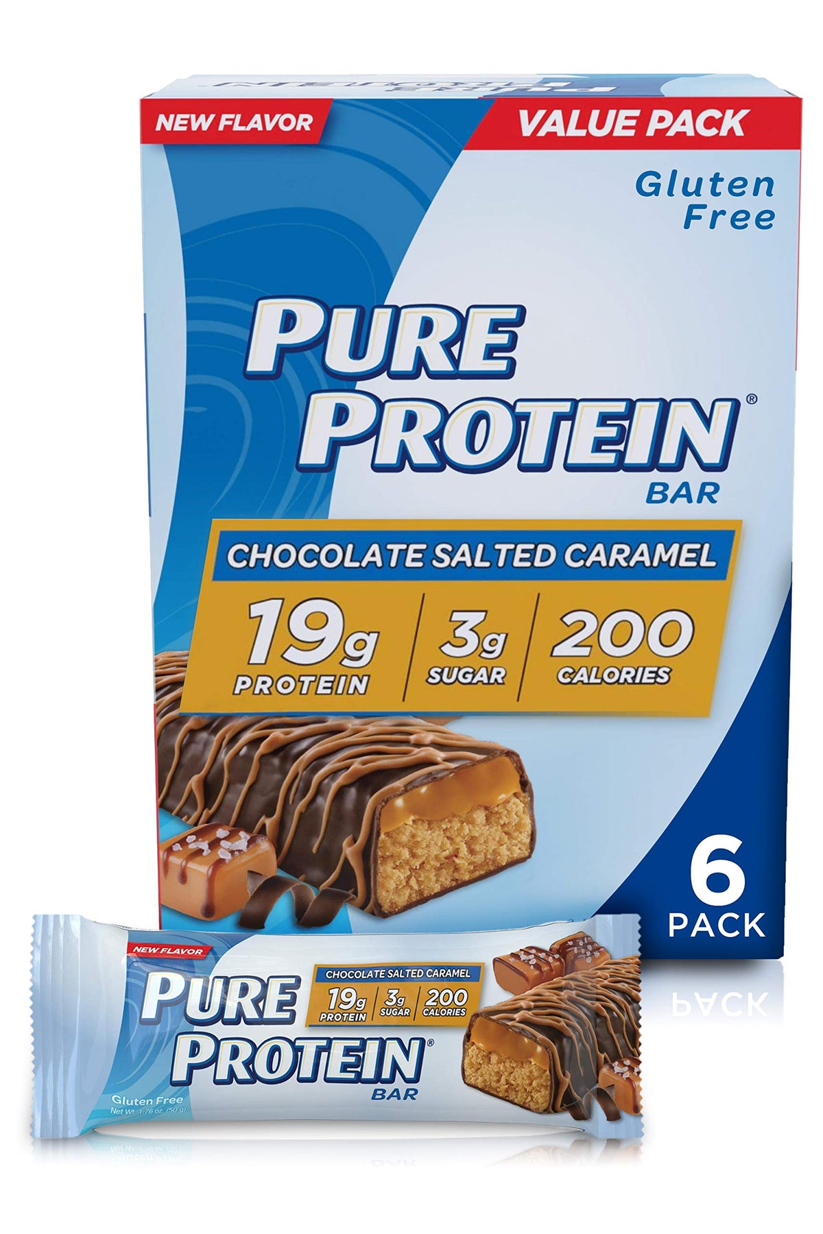 Pure Protein Bars Chocolate Salted Caramel pack front; high-protein snack on the go.