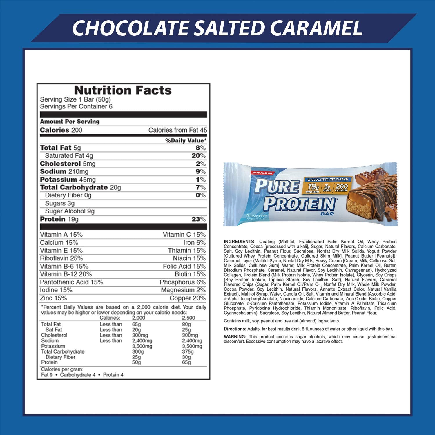 Pure Protein Bars nutrition label side shows gluten-free and low sugar profile.