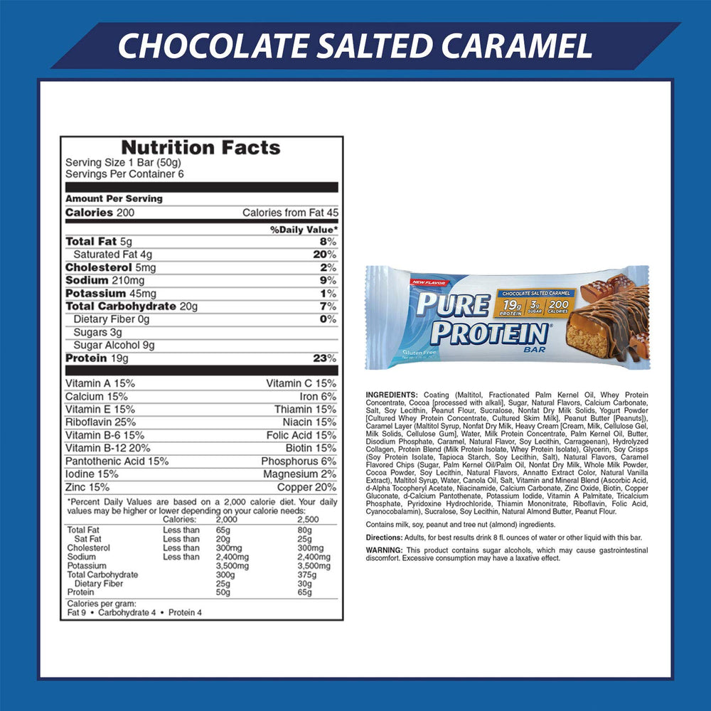 Pure Protein Bars nutrition label side shows gluten-free and low sugar profile.