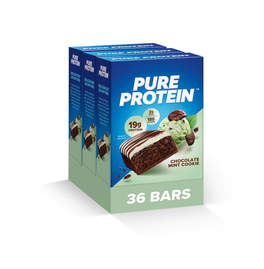 Pure Protein Chocolate Mint Cookie Bar packaging showcases gluten-free snack on the go.