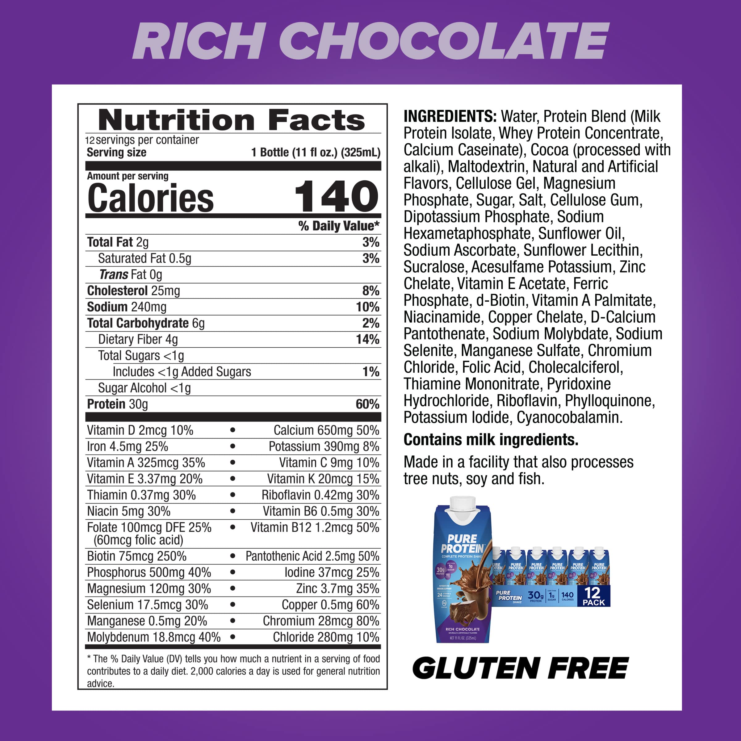 Pure Protein chocolate shake nutrition label highlighting 30g protein.