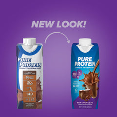 Pouring Pure Protein chocolate shake into a glass after workout.