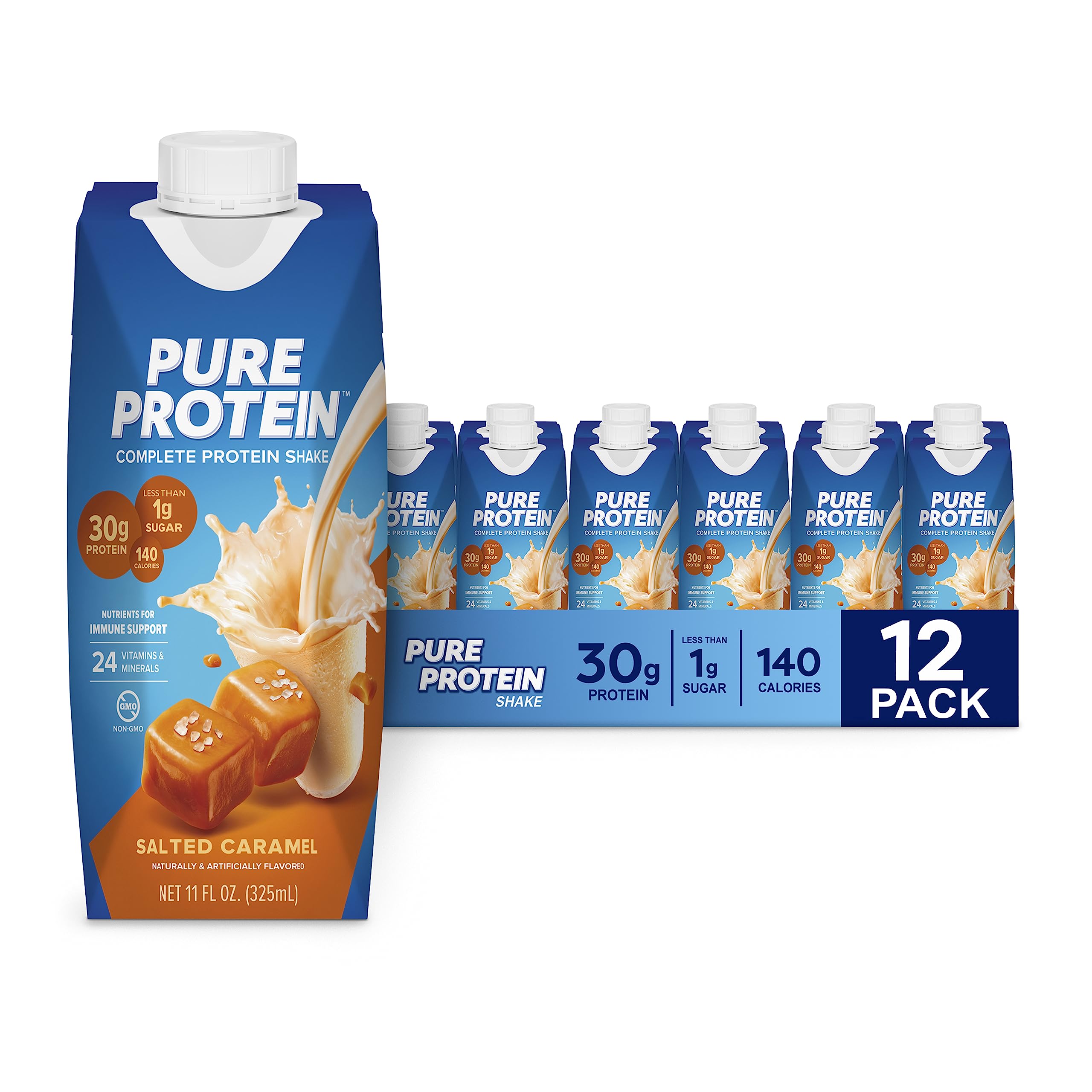 Pure Protein Salted Caramel Shake bottle showing 30g protein and low sugar.