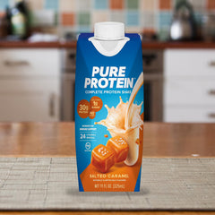 Multi-pack box of Pure Protein Salted Caramel Shake for family snacks.