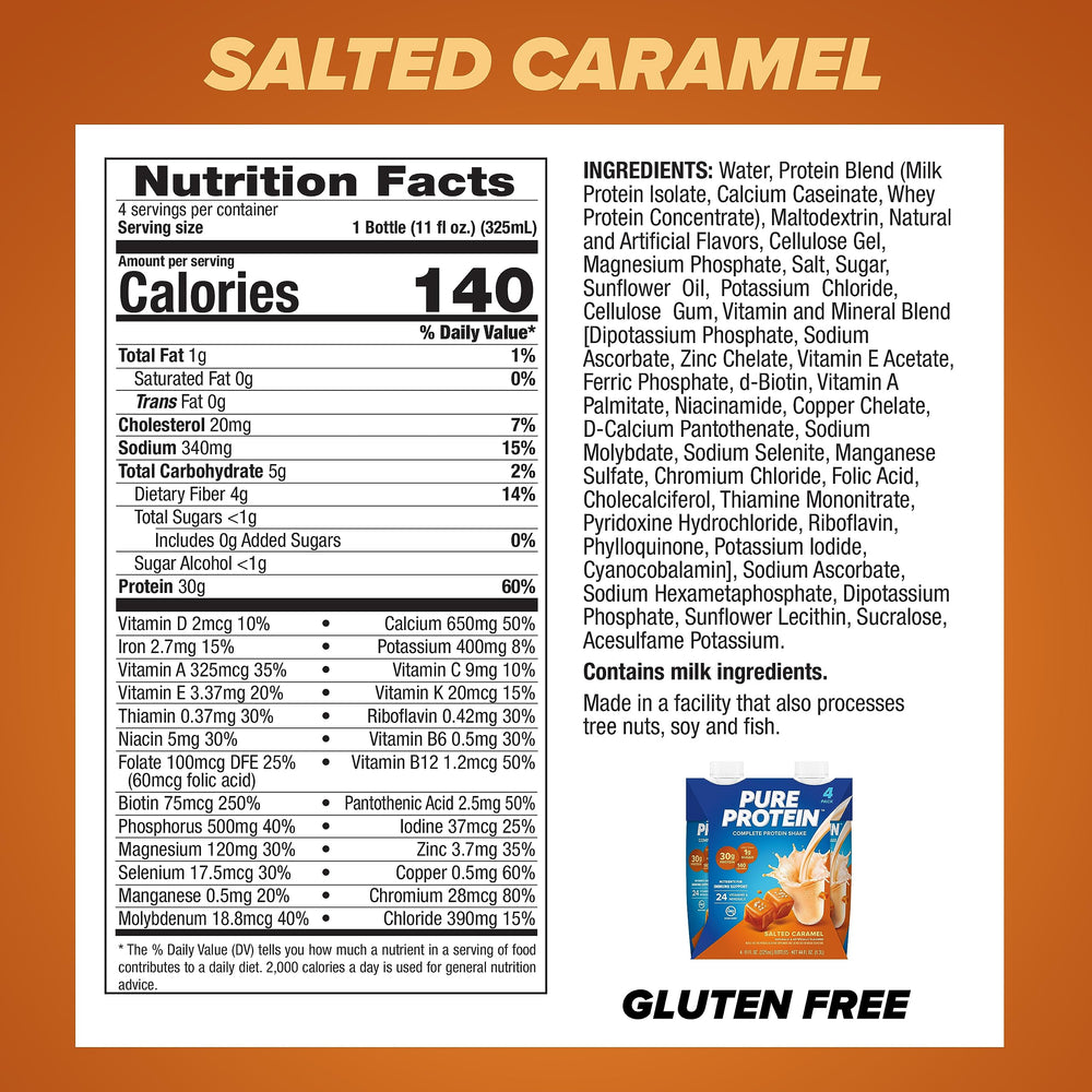 Pouring Pure Protein Salted Caramel Shake into a glass for quick fuel.