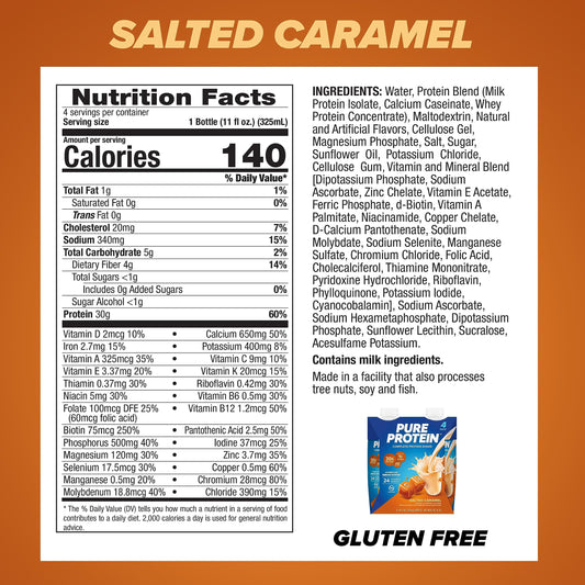 Pouring Pure Protein Salted Caramel Shake into a glass for quick fuel.