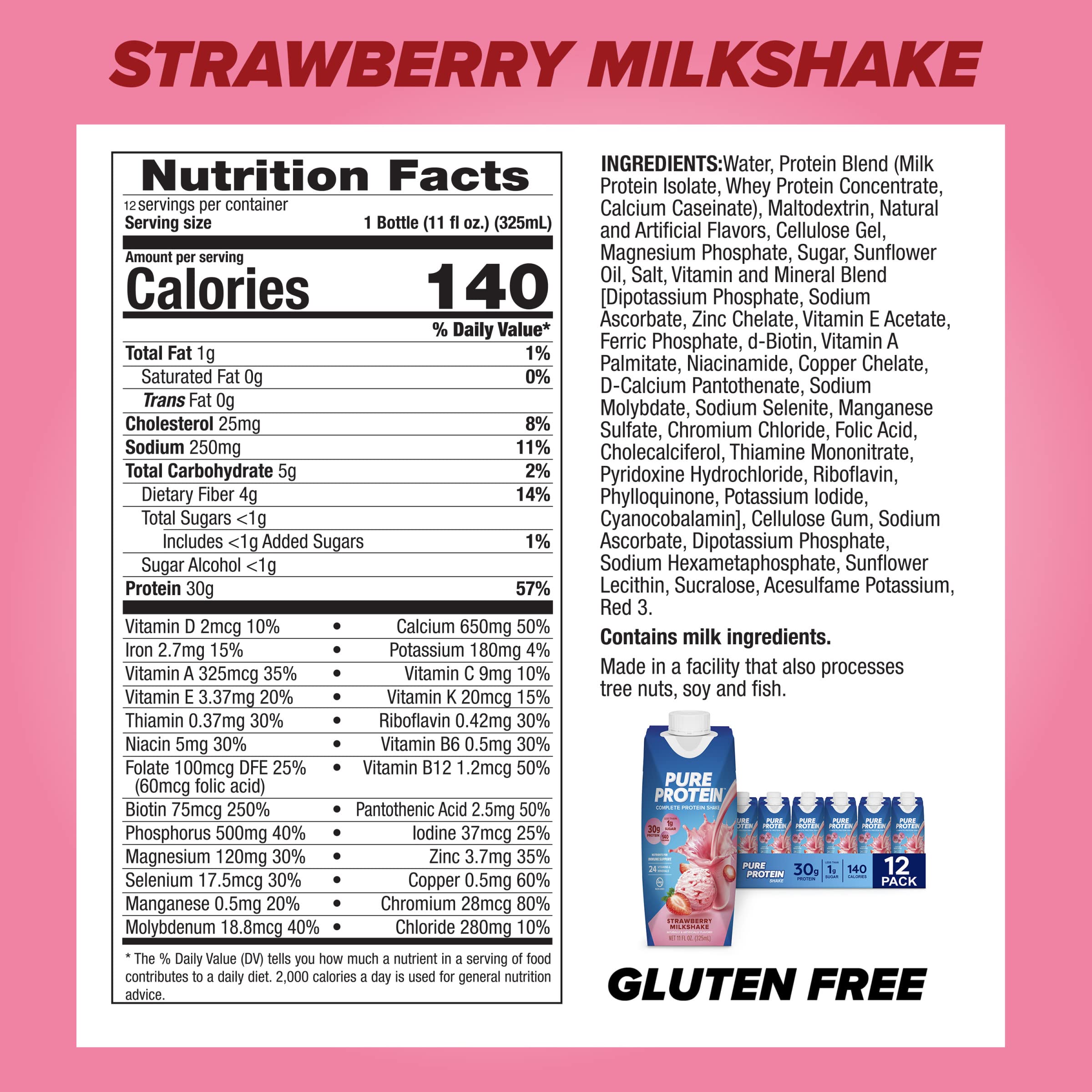 Pure Protein Strawberry Shake bottle side view highlighting keto-friendly, low sugar formula