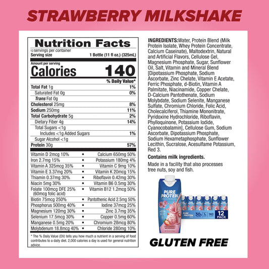 Pure Protein Strawberry Shake bottle side view highlighting keto-friendly, low sugar formula