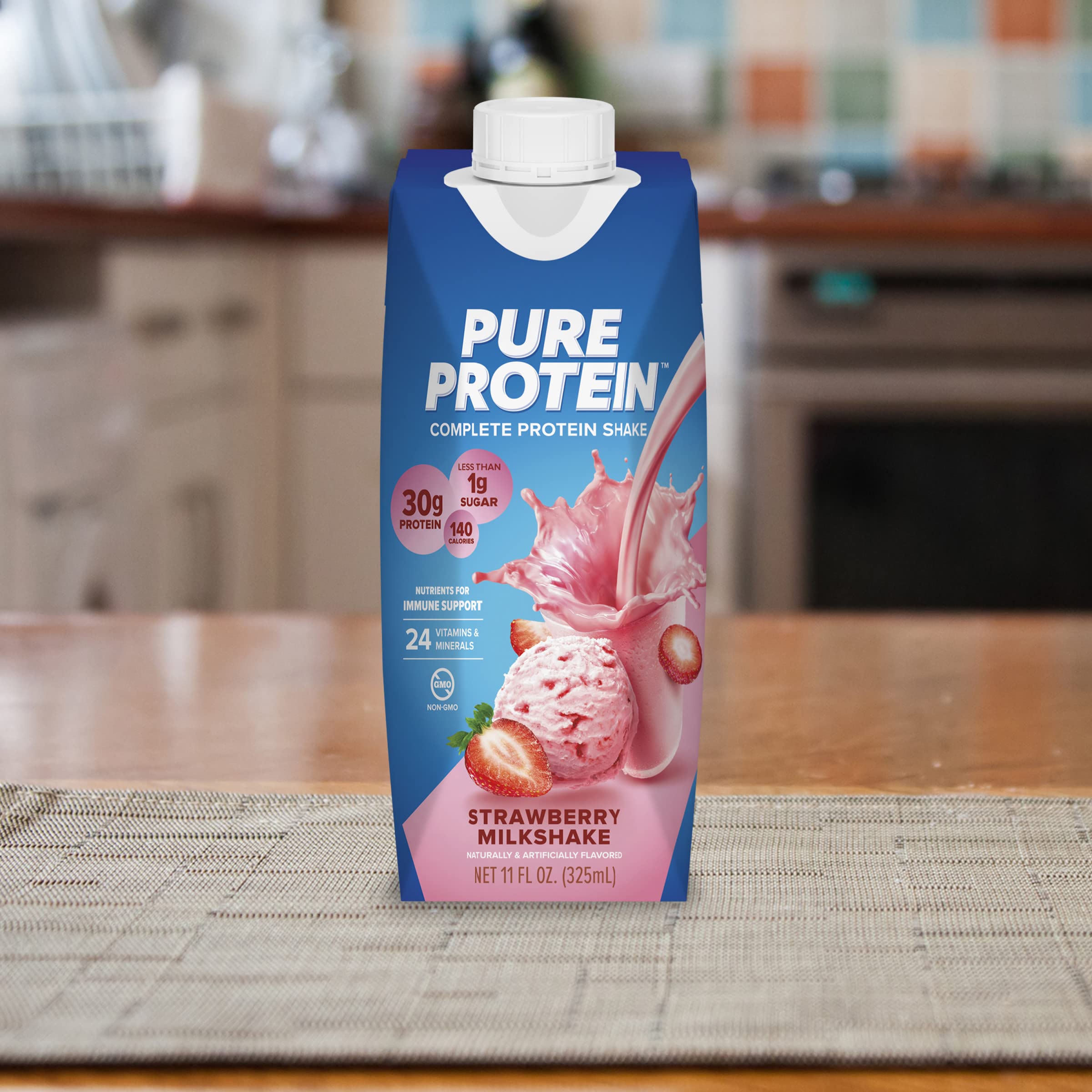 Pure Protein Strawberry Shake nutrition panel close-up showing 30g protein per serving