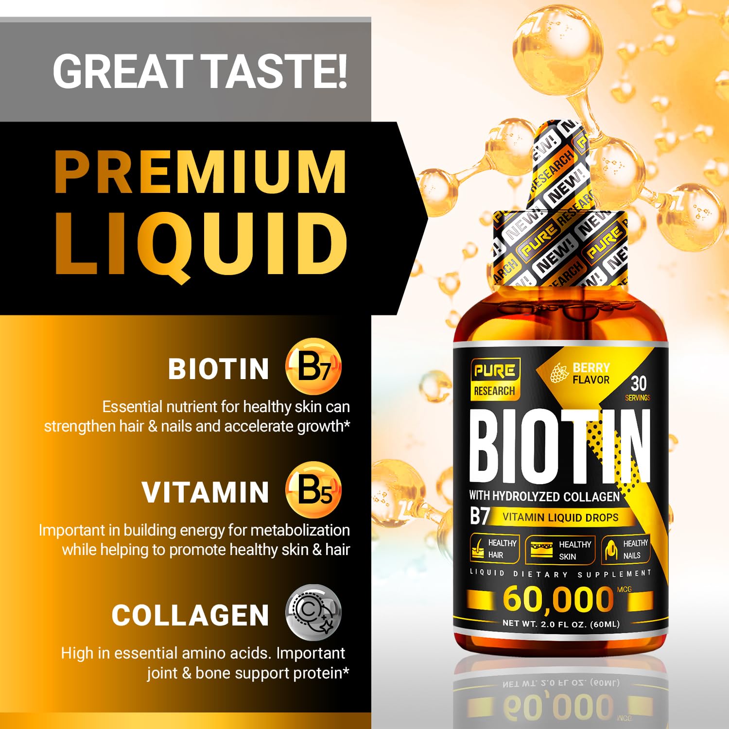 Pure Research Biotin & Collagen with berry flavor for smooth dosing