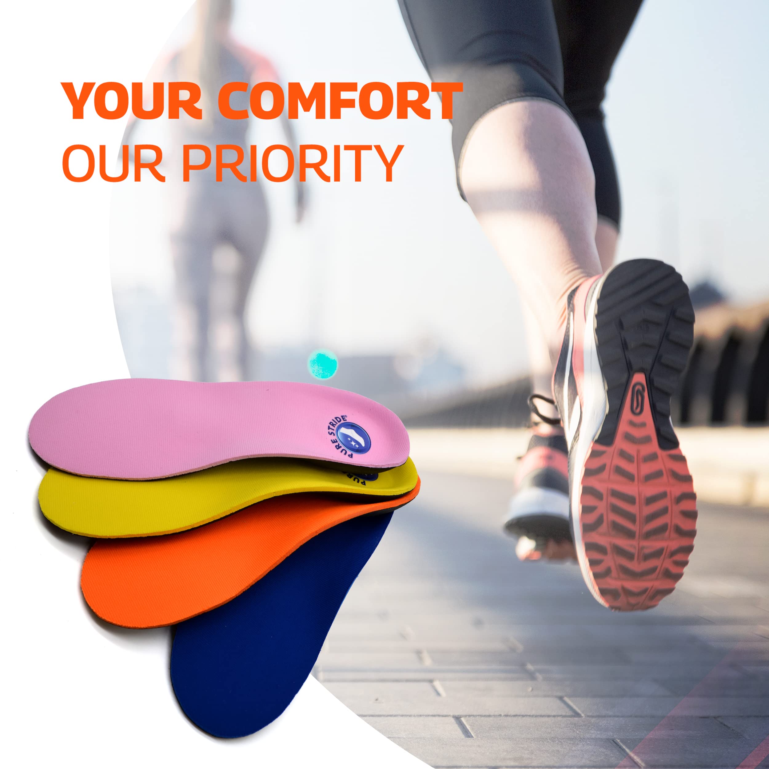 Pure Stride Bold orthotics in shoe fit helps relieve fatigue during activities.
