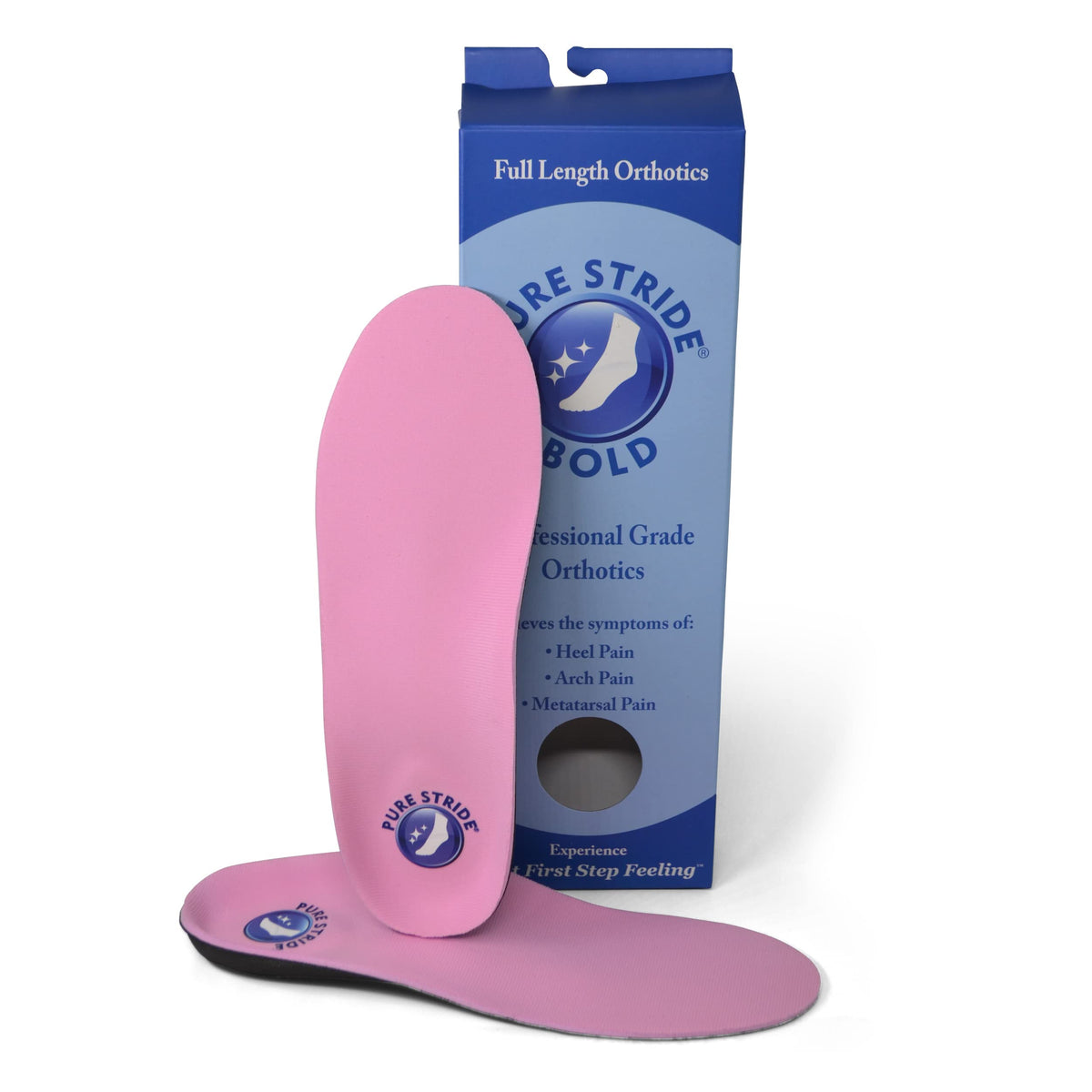Pure Stride Bold orthotics pink outside view; supports metatarsals and high arches for daily comfort.