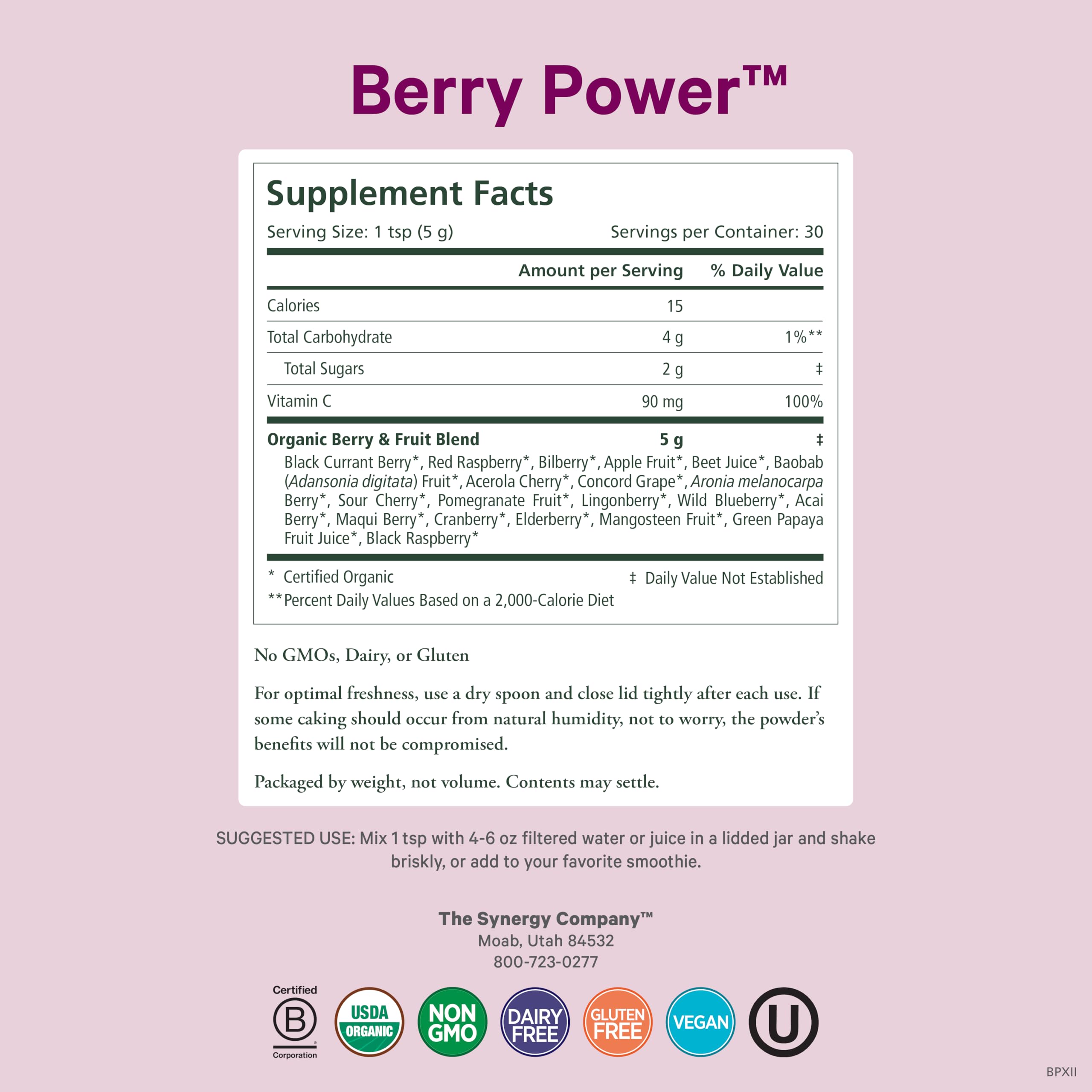 Pure Synergy Berry Power packaging highlighting vegan, non-GMO formula