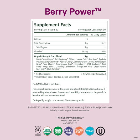 Pure Synergy Berry Power packaging highlighting vegan, non-GMO formula