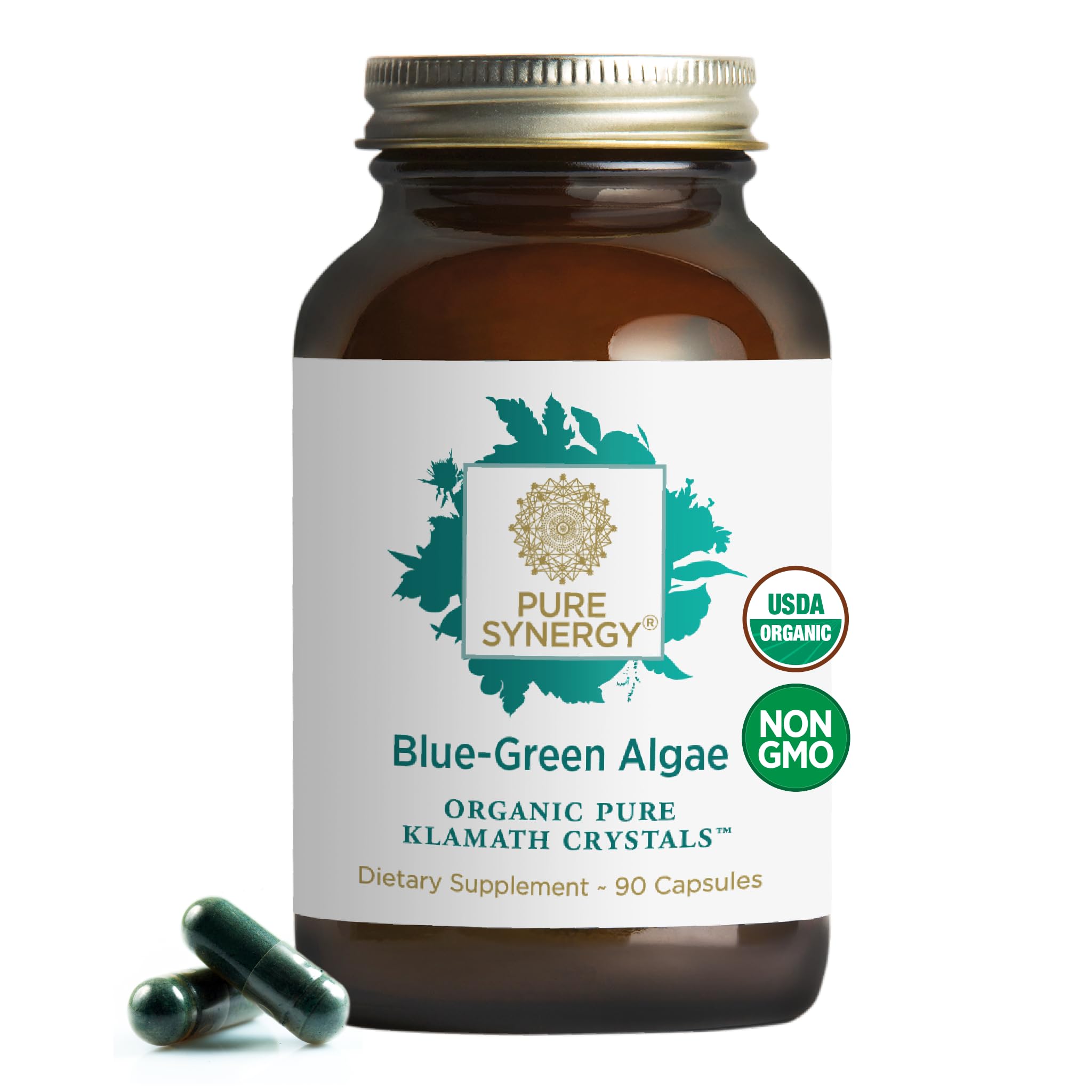 Pure Synergy blue-green algae capsules on display for daily energy.