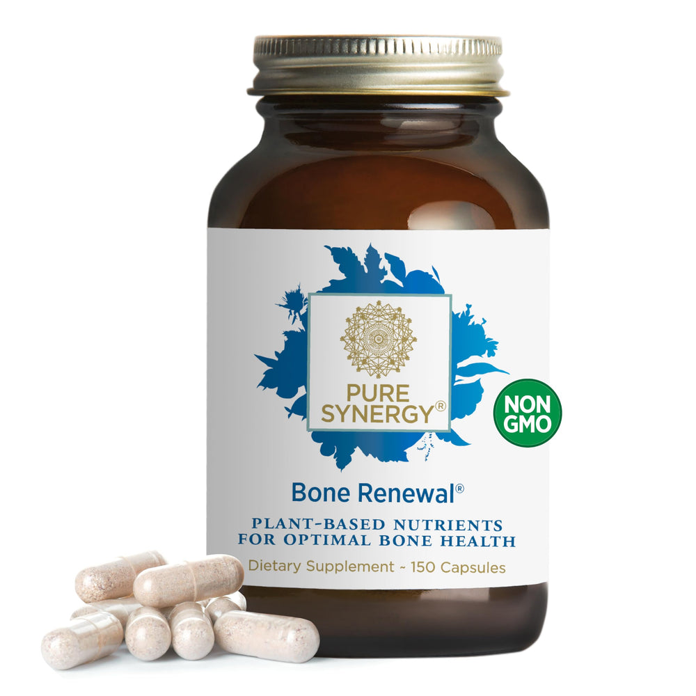 Pure Synergy Bone Renewal bottle front showing vegan calcium support for bone health