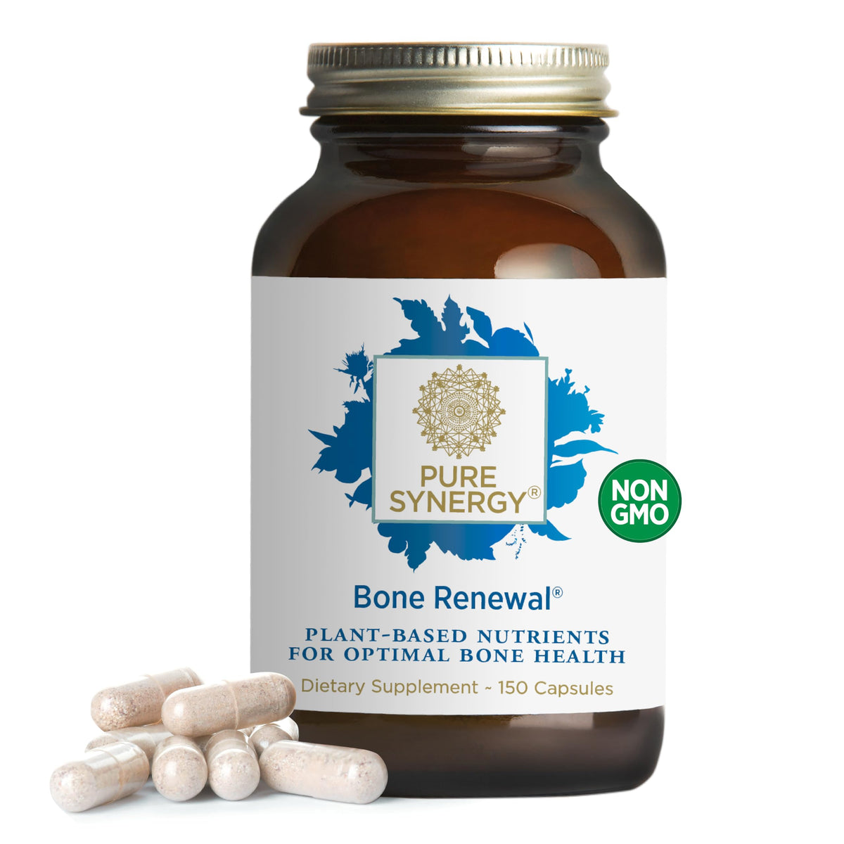 Pure Synergy Bone Renewal bottle front showing vegan calcium support for bone health