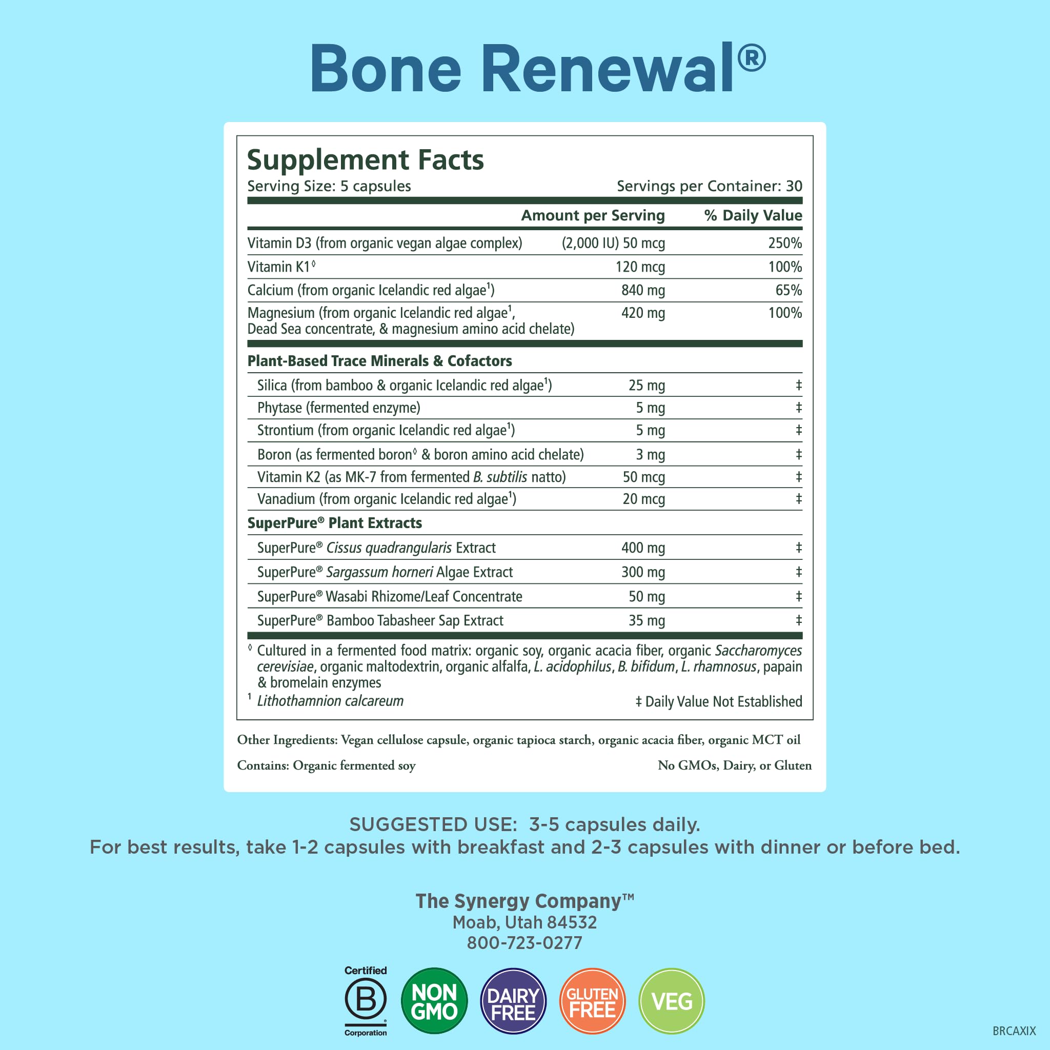 Pure Synergy Bone Renewal capsules close-up emphasizing bioavailable minerals and plant-based formula