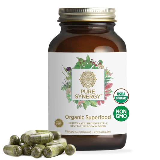 PURE SYNERGY bottle front label highlighting organic greens blend for daily vitality