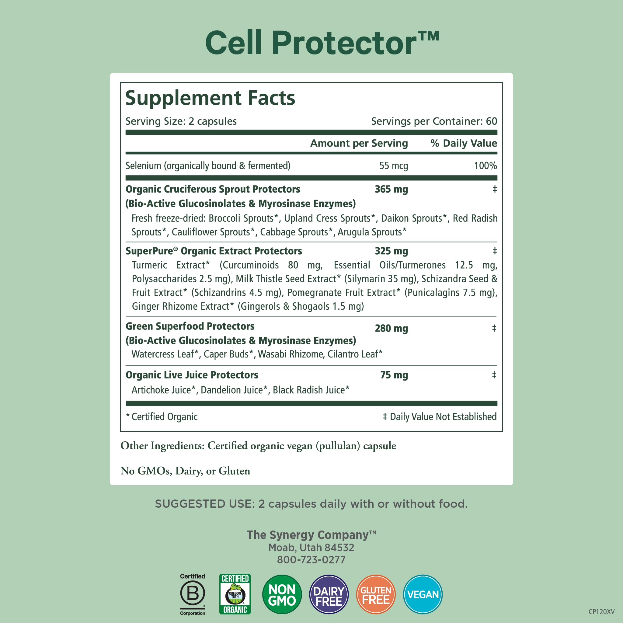 Ingredients panel of PURE SYNERGY Cell Protector highlighting antioxidants