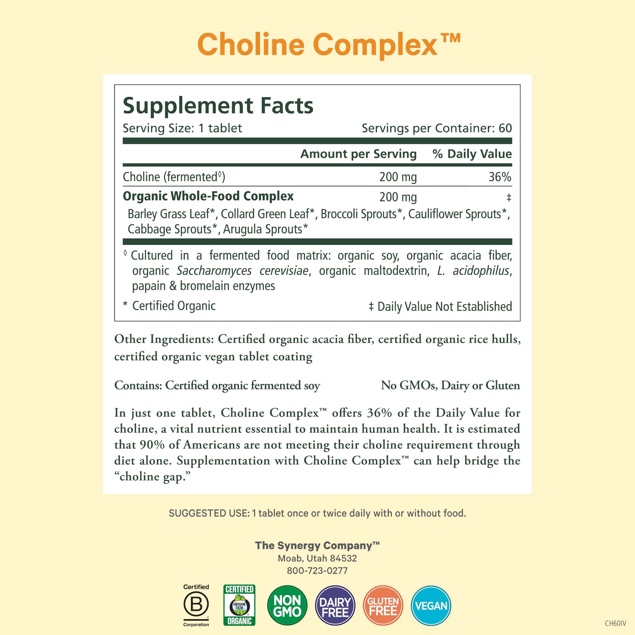 Close-up of PURE SYNERGY tablets highlighting vegan, non-GMO choline source.