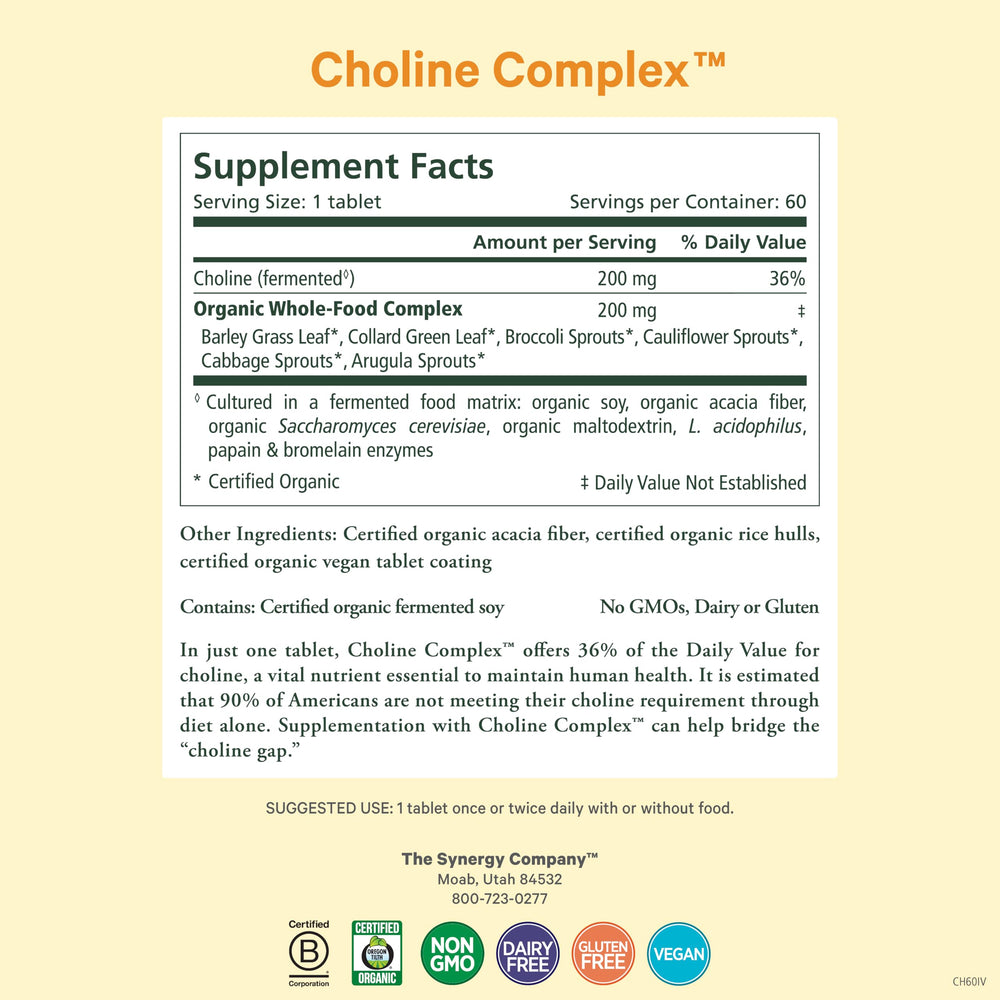 Close-up of PURE SYNERGY tablets highlighting vegan, non-GMO choline source.