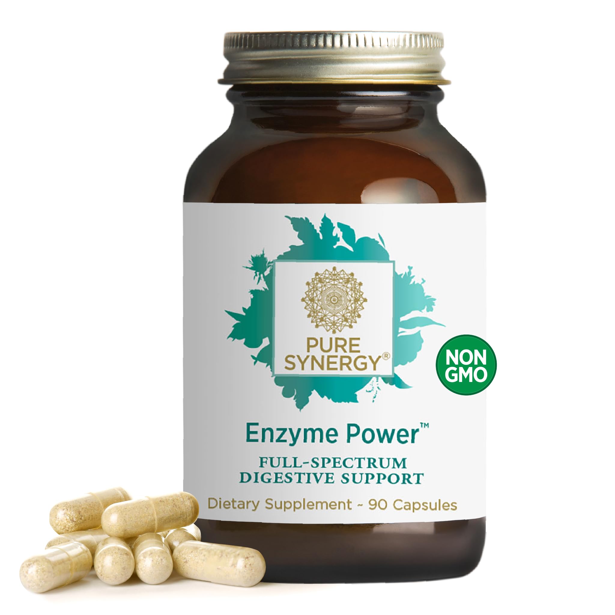 Pure Synergy Enzyme Power bottle label showing full-spectrum enzymes for daily digestion