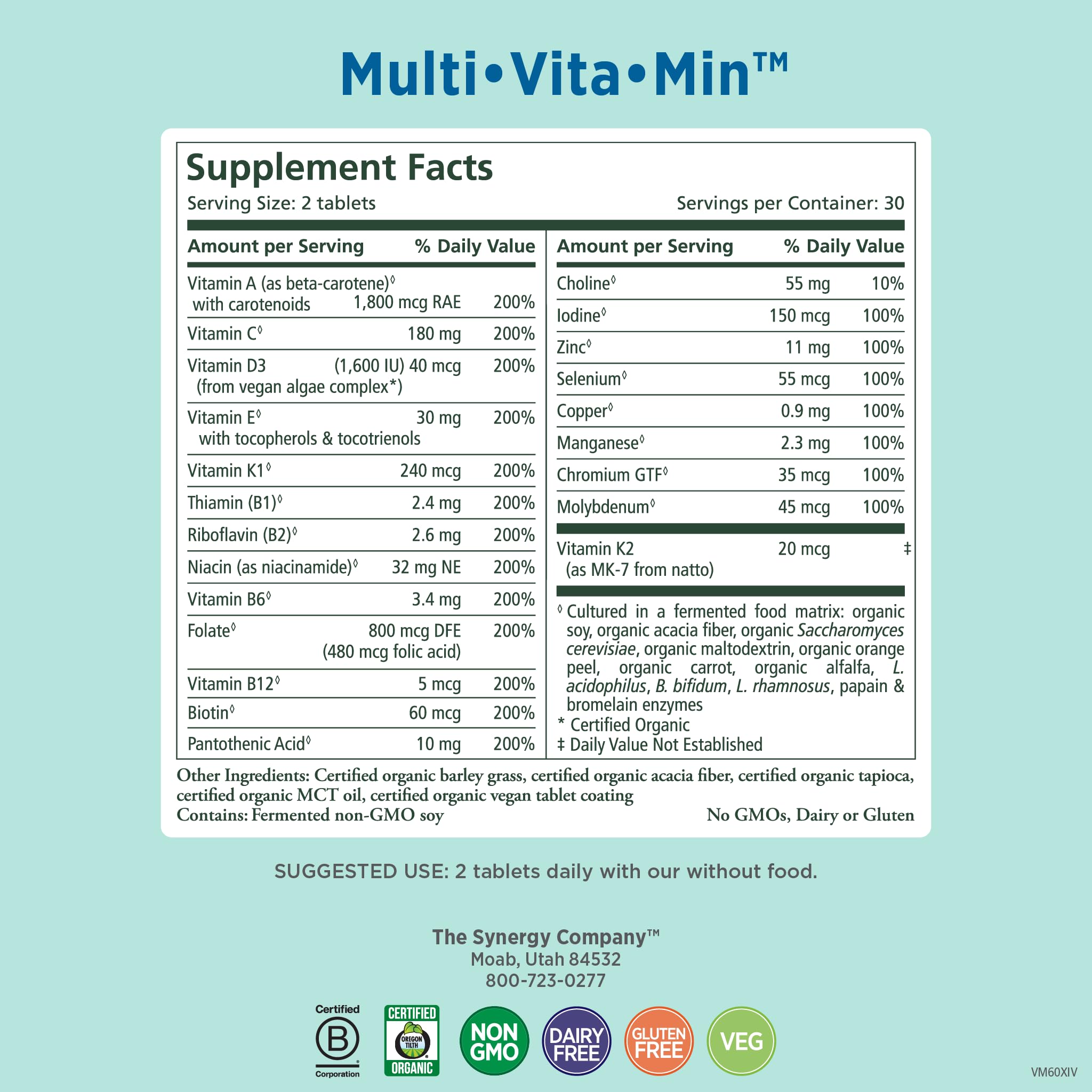 Pure Synergy Multi·Vita·Min tablets close-up highlighting organic whole-food ingredients.