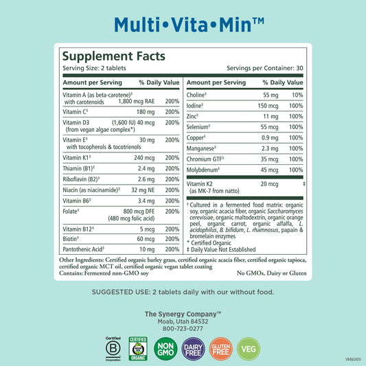 Pure Synergy Multi·Vita·Min tablets close-up highlighting organic whole-food ingredients.