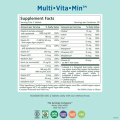 Pure Synergy Multi·Vita·Min tablets close-up highlighting organic whole-food ingredients.