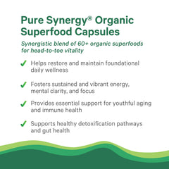 PURE SYNERGY packaging and ingredients panel showing 62 organic superfoods