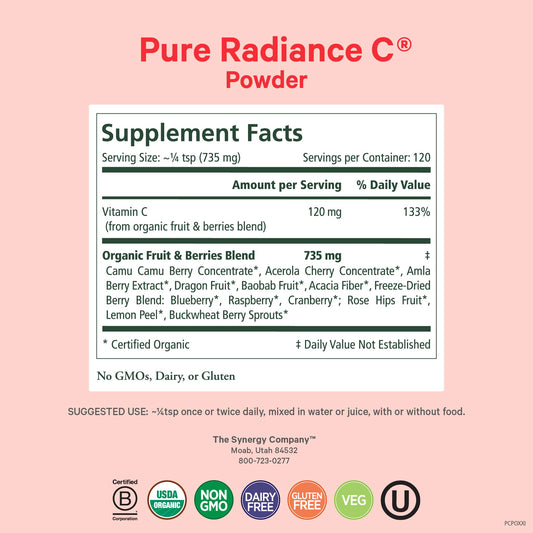 Pure Synergy Pure Radiance C powder dissolving in water for easy daily intake.