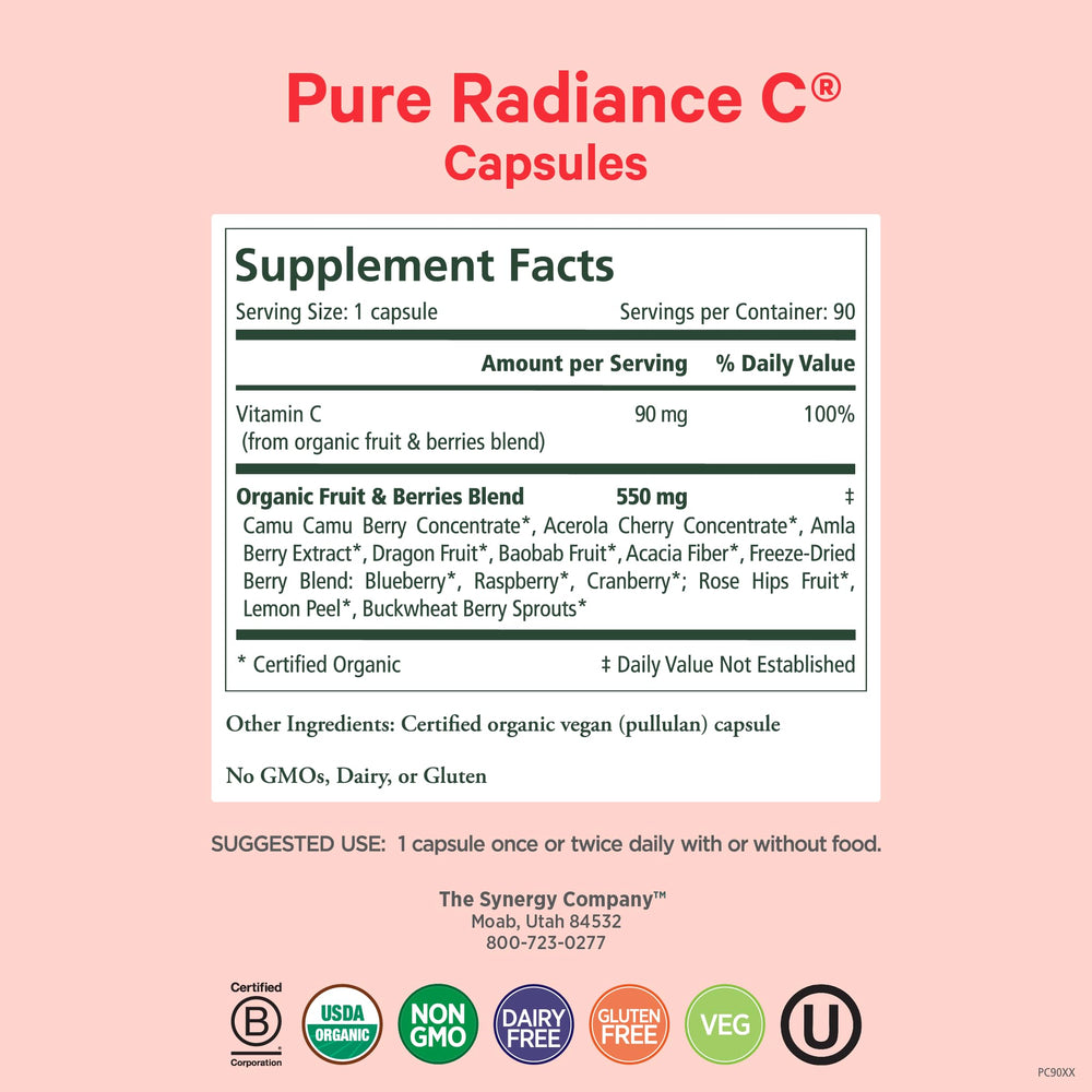 Pure Synergy Pure Radiance C bottle back shows organic ingredients and suggested daily use.