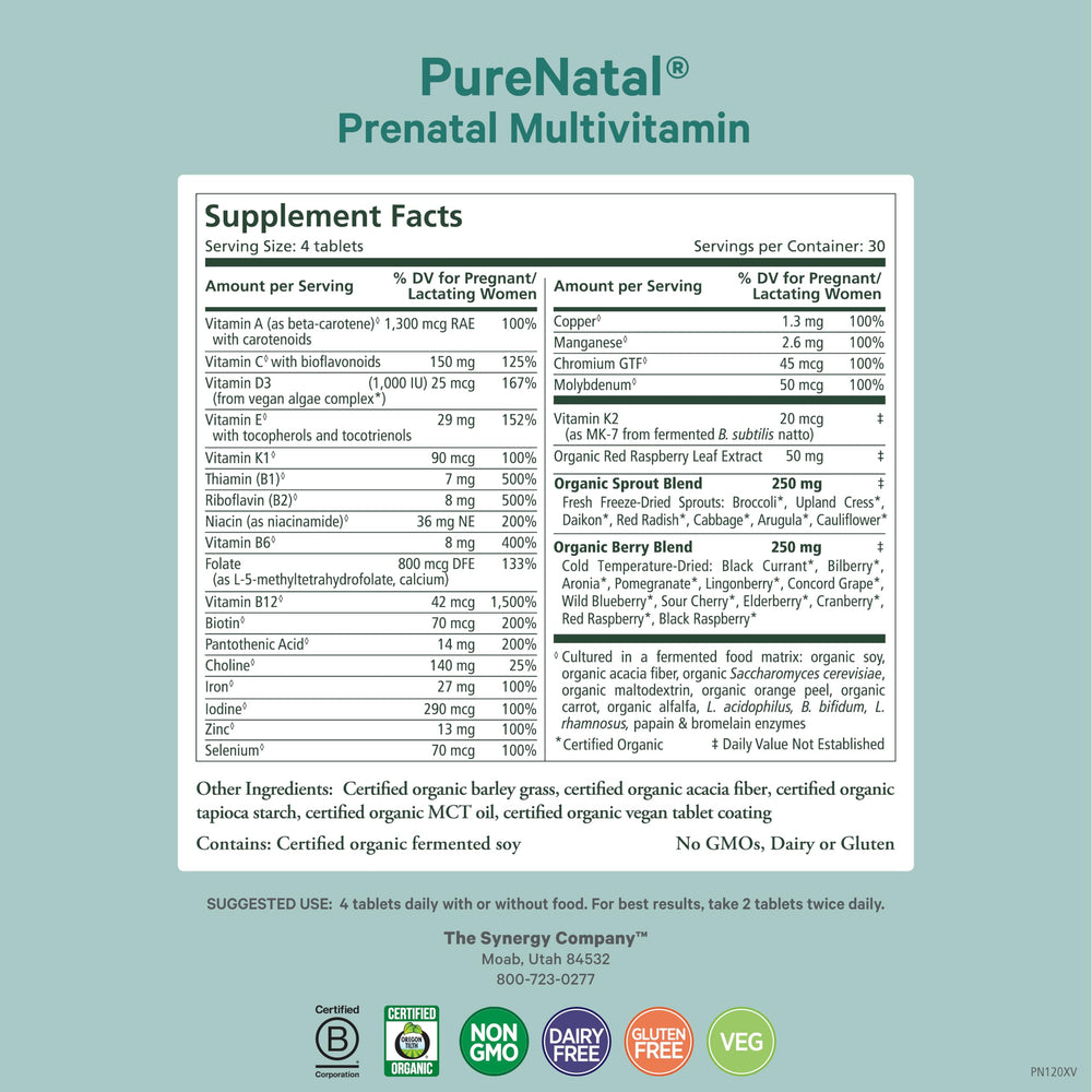 PURE SYNERGY PureNatal bottle back; details on organic ingredients and nutrients.
