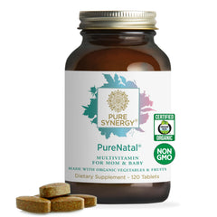 PURE SYNERGY PureNatal bottle front; vegan prenatal nutrition for daily support.