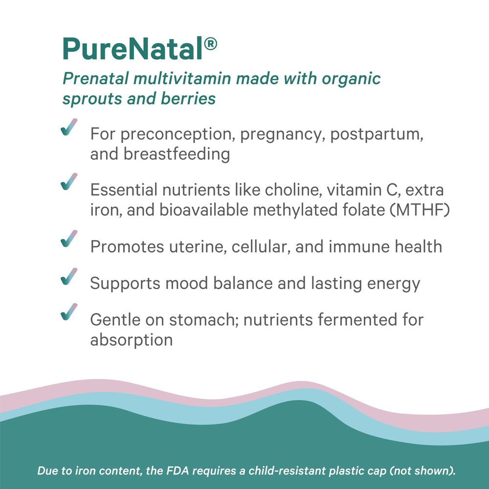 PURE SYNERGY PureNatal bottle mockup; 120-tablet supply for preconception and pregnancy.