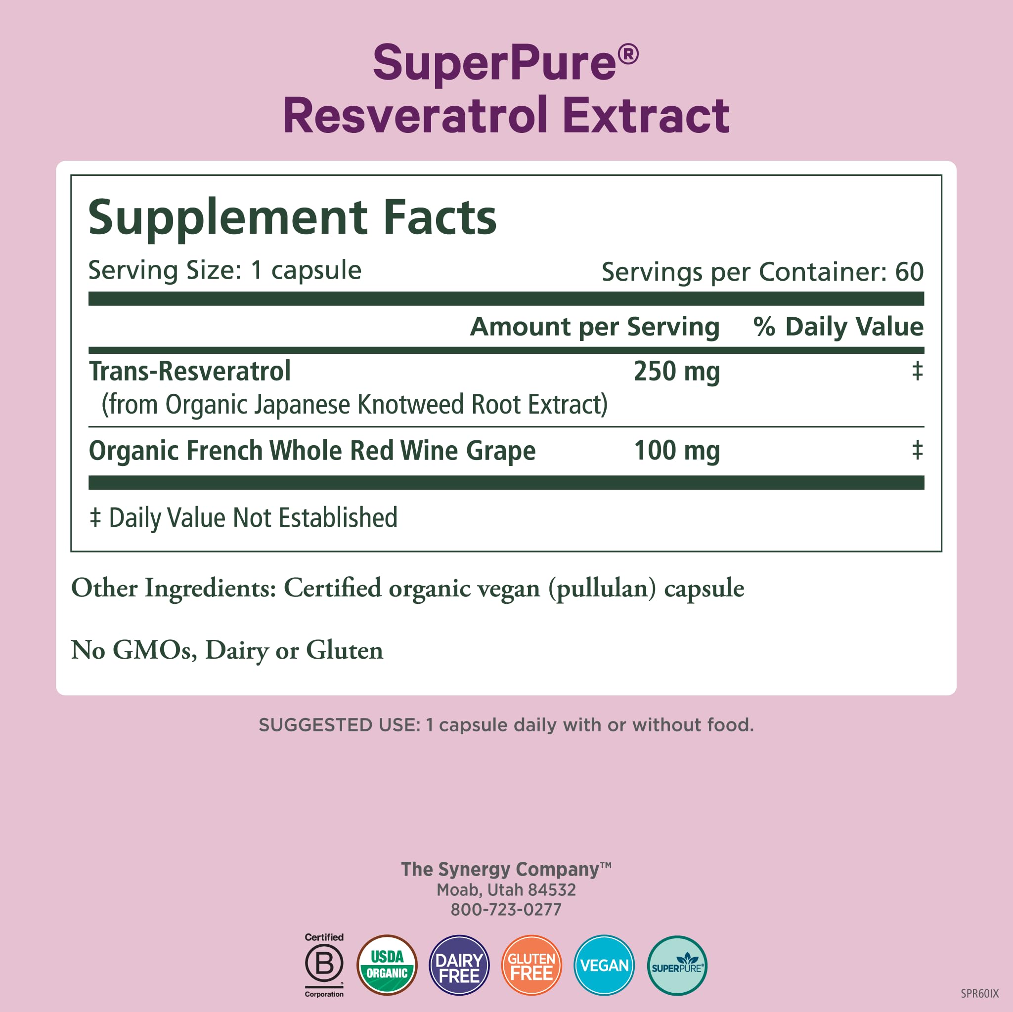 Pure Synergy resveratrol capsules close-up highlighting trans-resveratrol potency.