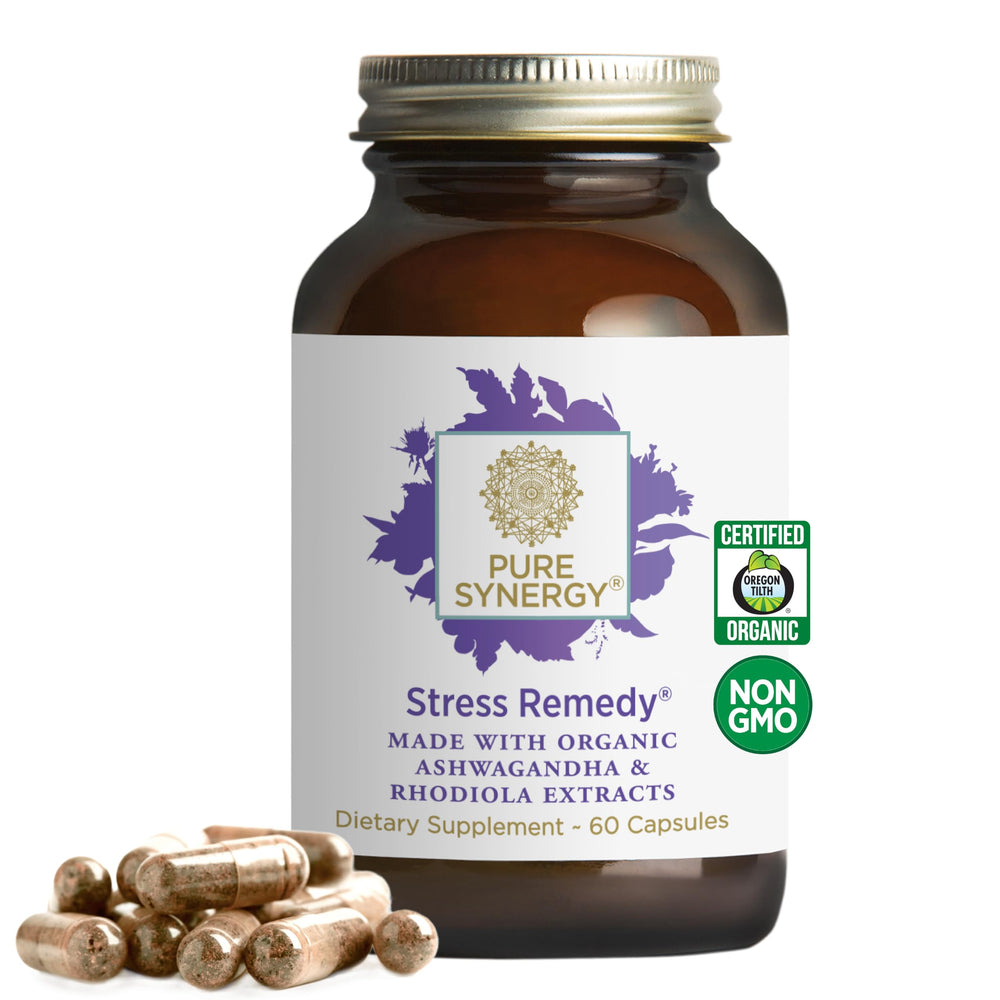 Pure Synergy Stress Remedy bottle front showing calm focus potential.