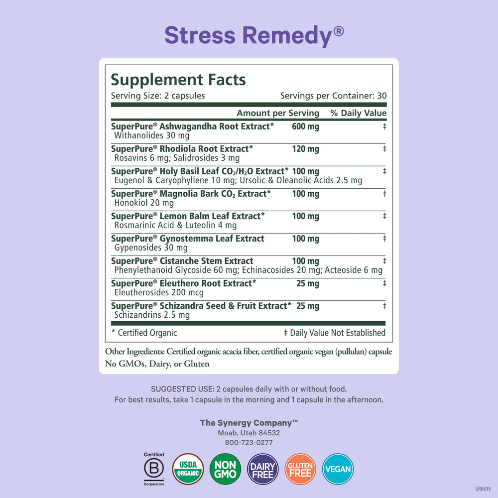 Pure Synergy Stress Remedy capsules close-up for daily stress support.
