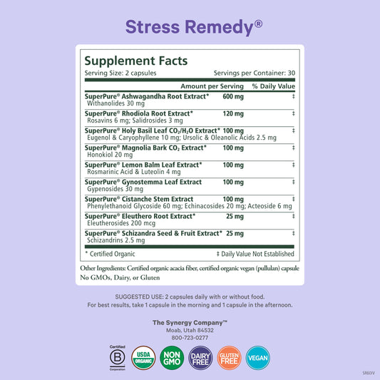 Pure Synergy Stress Remedy capsules close-up for daily stress support.