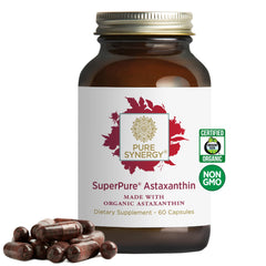 Pure Synergy SuperPure astaxanthin bottle showcases organic antioxidant support