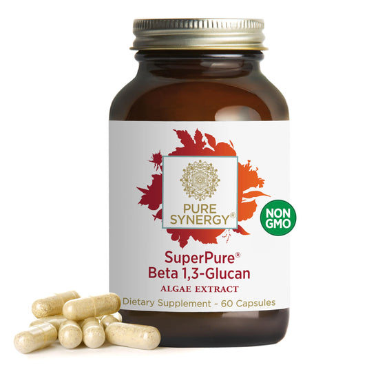 PURE SYNERGY SuperPure beta-1-3-glucan bottle highlighting algae-derived immune support potential.