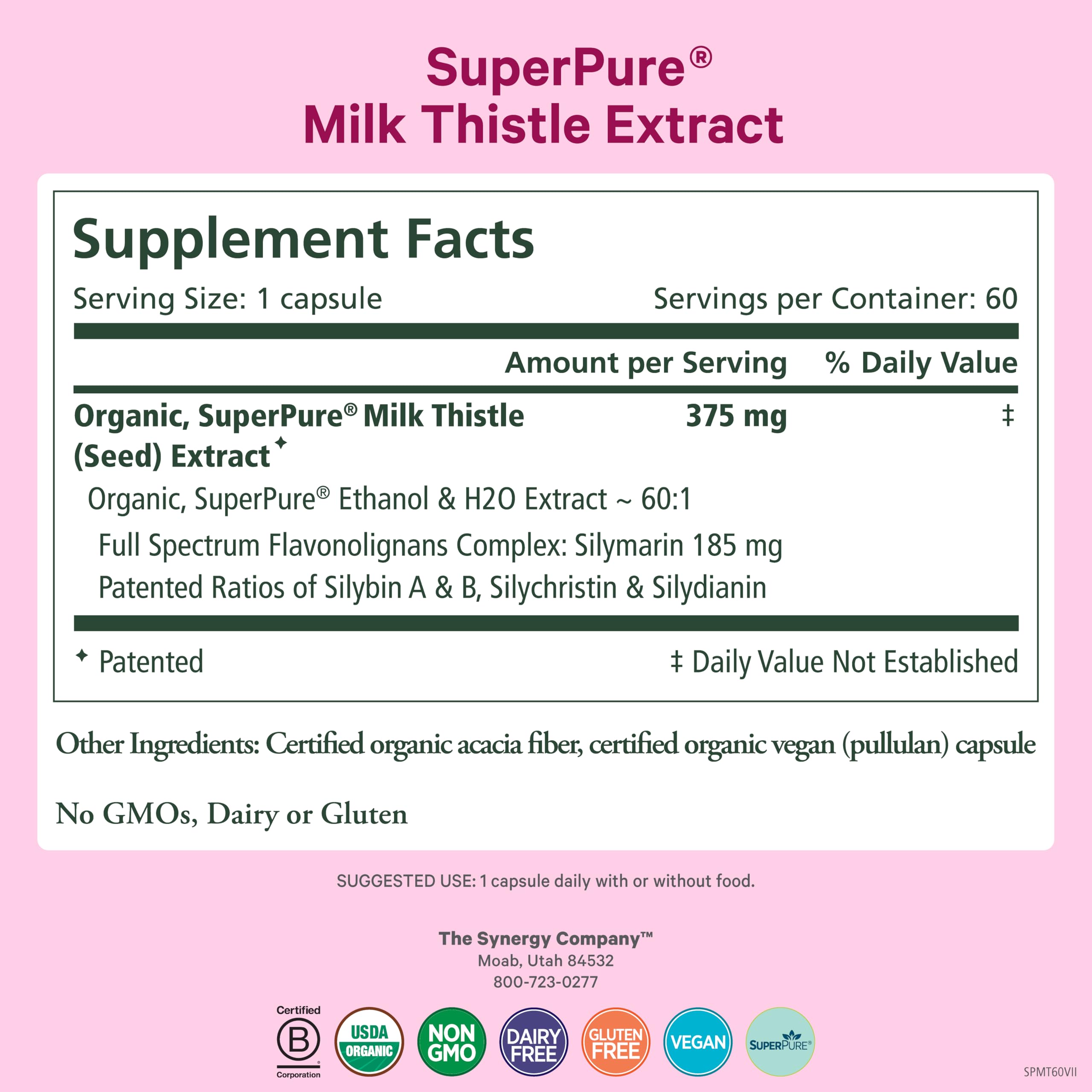 Front view of PURE SYNERGY SuperPure bottle with organic milk thistle extract for liver health.
