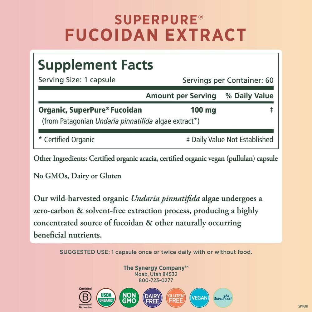 Close-up of PURE SYNERGY fucoidan extract label highlighting organic certification.