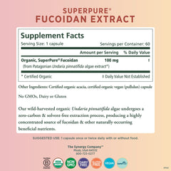 Close-up of PURE SYNERGY fucoidan extract label highlighting organic certification.