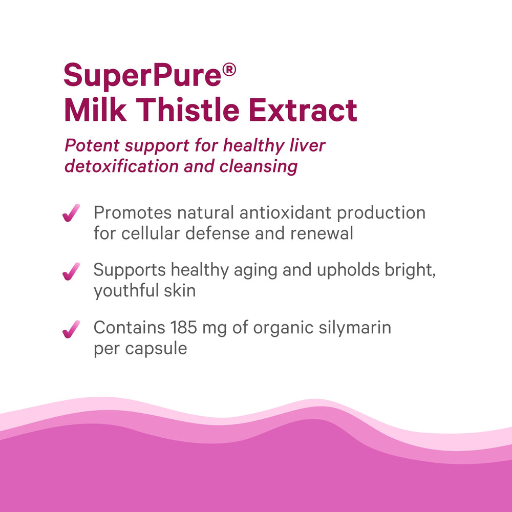PURE SYNERGY SuperPure full-spectrum silymarin label indicates antioxidant-rich formula.